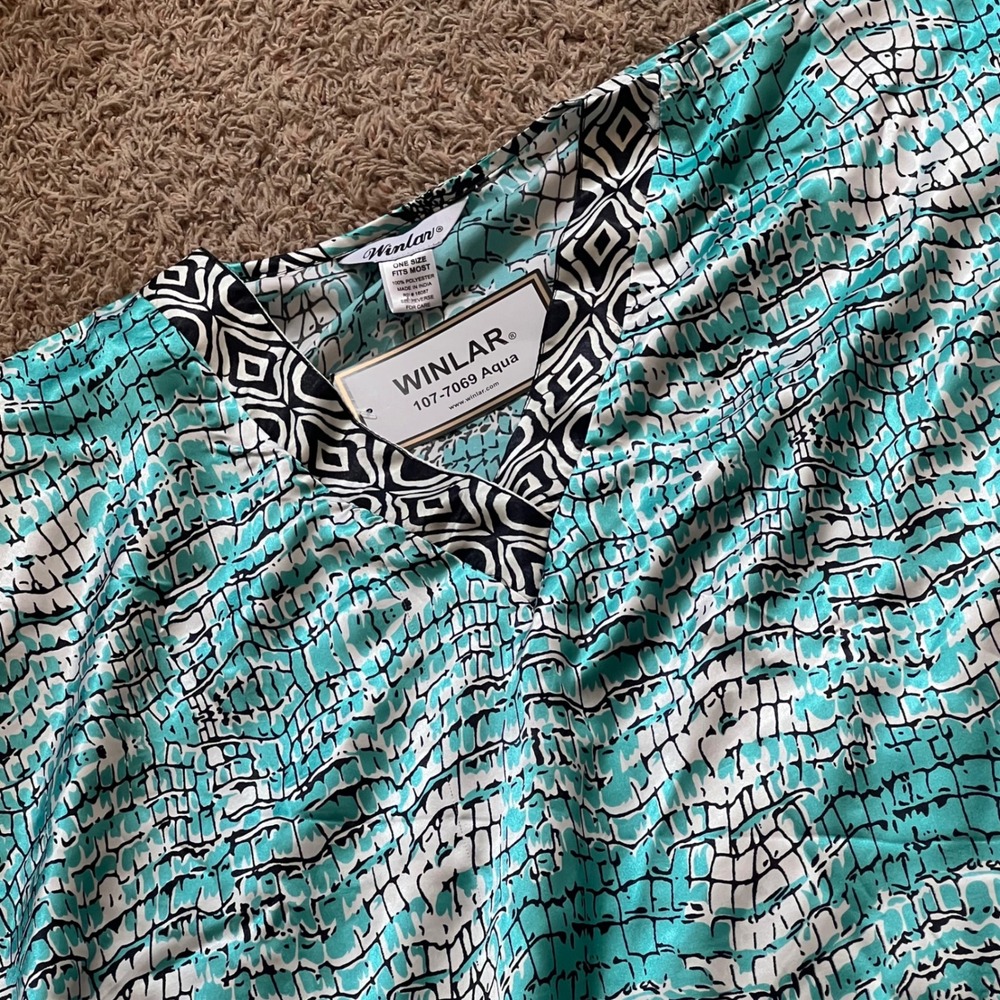 Winlar Aqua Printed Caftan Lounger V-Neck One Size 107-7069 Turquoise Black NEW